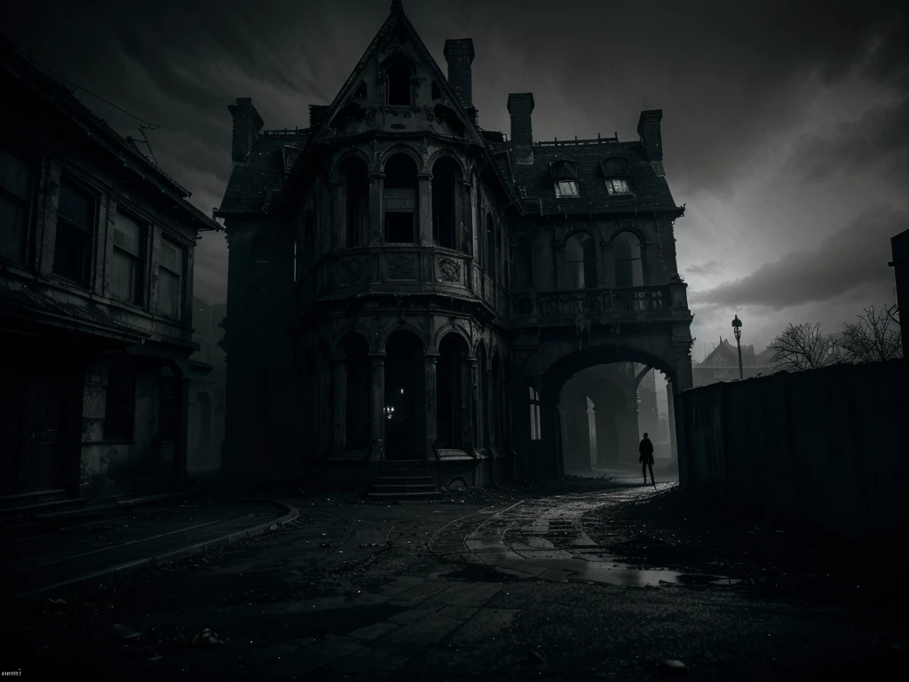 In the eerie, shadowy cityscape, a spectral figure looms among the twisted, dripping architecture, beckoning with a skeletal hand. This haunting scene is captured in a high-contrast black and white photograph, showcasing the intricate details of decaying buildings and ominous alleyways. The ghostly figure is shrouded in a billowing cloak, its hollow eyes glowing with malevolent intent. The expert lighting and composition create a chilling atmosphere that draws viewers into a world of supernatural mystery and intrigue.