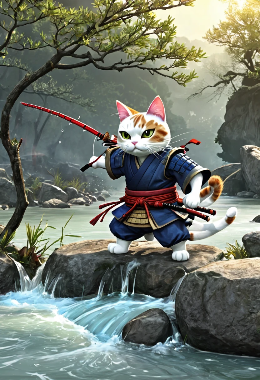 (drawing:1.3),Samurai cat, battlefield, (Animation Art), 2D, Colored, Cat fishing in the river