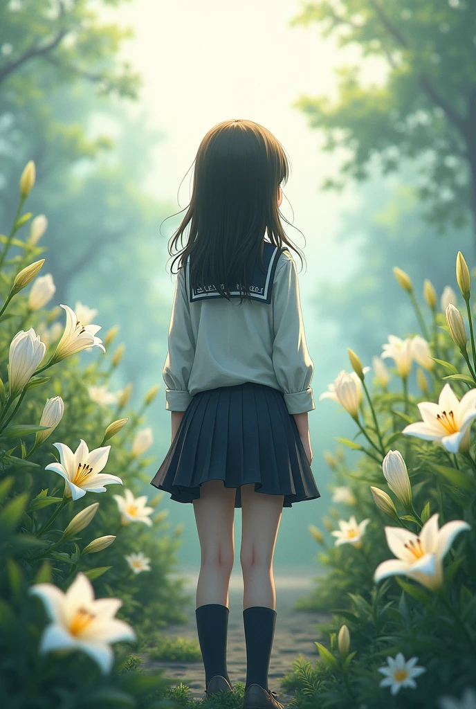 long、Facing backwards、girl、uniform、Waiting for the lilies、