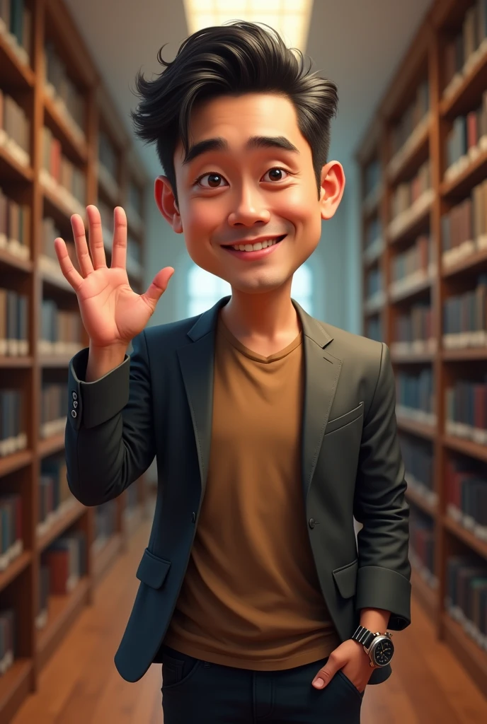 caricature 4D realistic, 33 year old Indonesian man, clean face, neat hair, not thin, head straight, wear a watch on the left hand, wearing a brown t-shirt and blazer, right hand waving, left hand in trouser pocket, standing in the library room where there are bookshelves, high resolution
