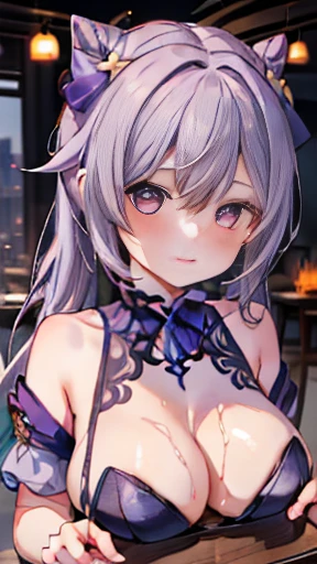 (masterpiece)1 girl, Keqing City, Genshin Impact, Highest quality, Expressive eyes, Perfect Face, Large upper body, smile, blush, Wearing a wet office shirt, indoor, Day, Simple Background, Lie, looking for , Bright sky, looking for at viewer, stage, Moody lighting、Very large breasts、Cleavage、Place the box on the tray