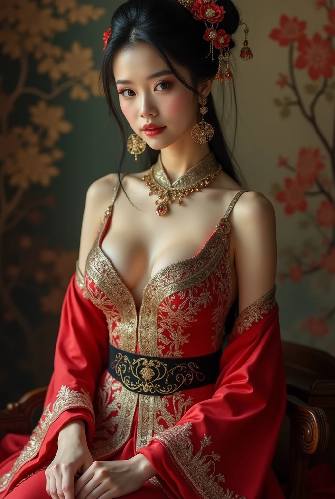 Chinese ancient costume beauty. Big breasts, sexy outfit, black stockings.