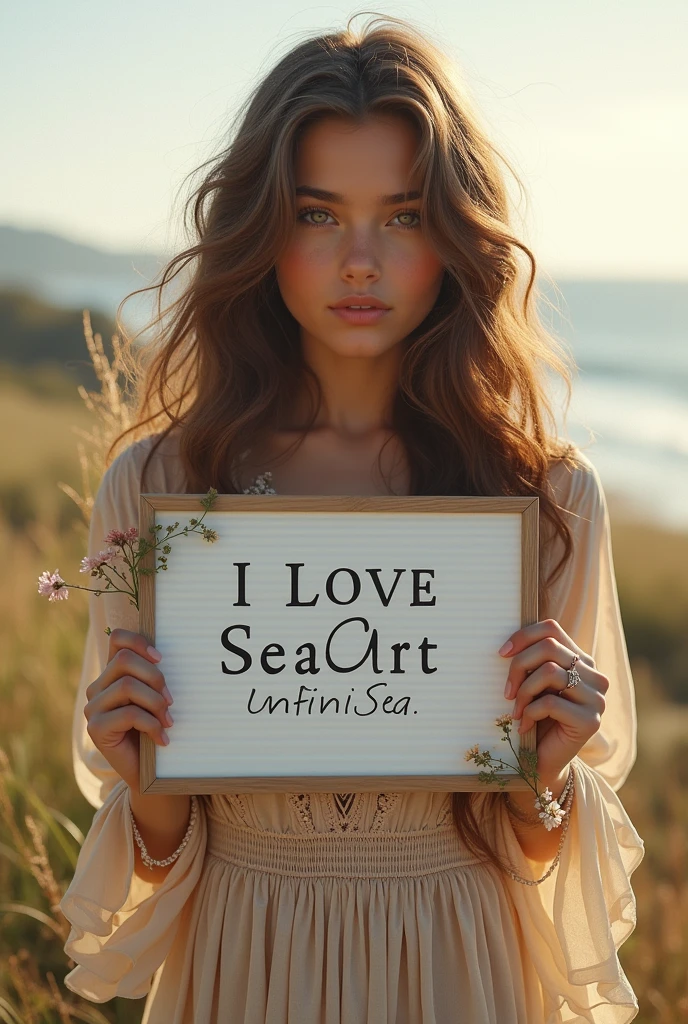 Beautiful girl with wavy long hair, bohemian dress, holding a white board with text "I Love Seaart Infinity" and showing it to the viewer