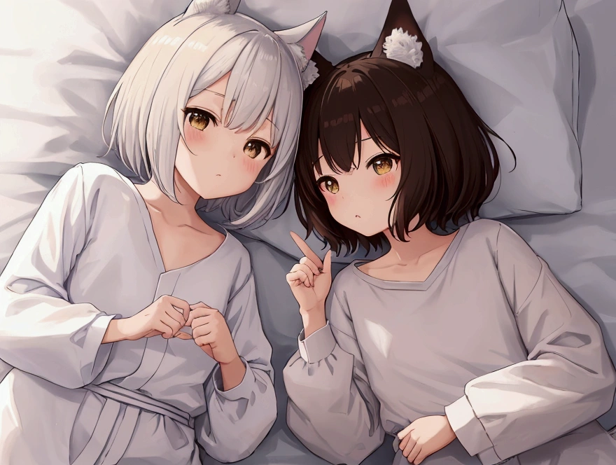 (Printed Polaroid Photo\(2females および2人の女の子 cute,cute Five fingers Five fingers Small wolf ears Small wolf ears White Shorthair Brown short hair Petite Petite Normal chest Normal chest first round first round Samurai in white clothes Wizard in brown clothes Background is on the bed