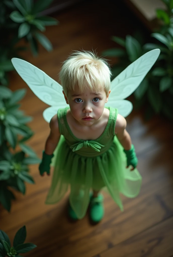 A  cute 18 year old girl wearing a green fairy costume with white wings standing on a hard wood floor shot from above as she looks at the camera confused. Blonde pixie cut.  Wearing green gloves and shoes. Darkened room