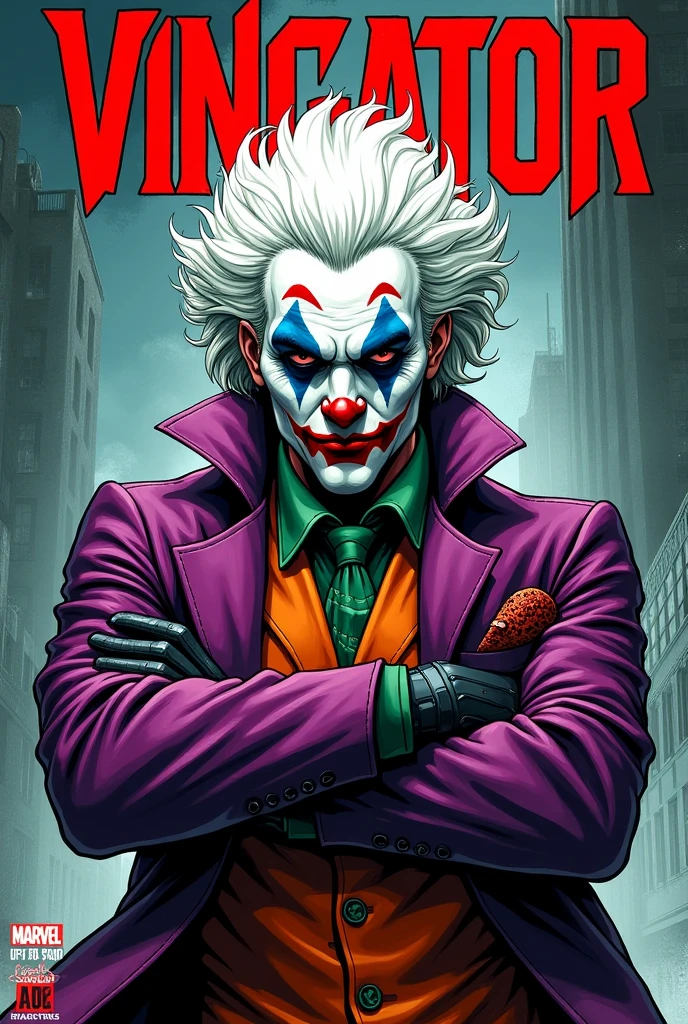 Old style marvel comic book cover ,with a character with clothes deadpool jumpsuit joker jacket face with clown makeup white hair, with title of "vingator"