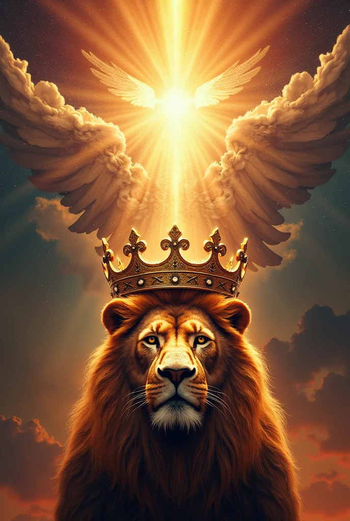 Make a poster background with the theme Jesus King of Kings, but without figures, use only a crown and a lion and young colors. Include description: Jesus kings of kings