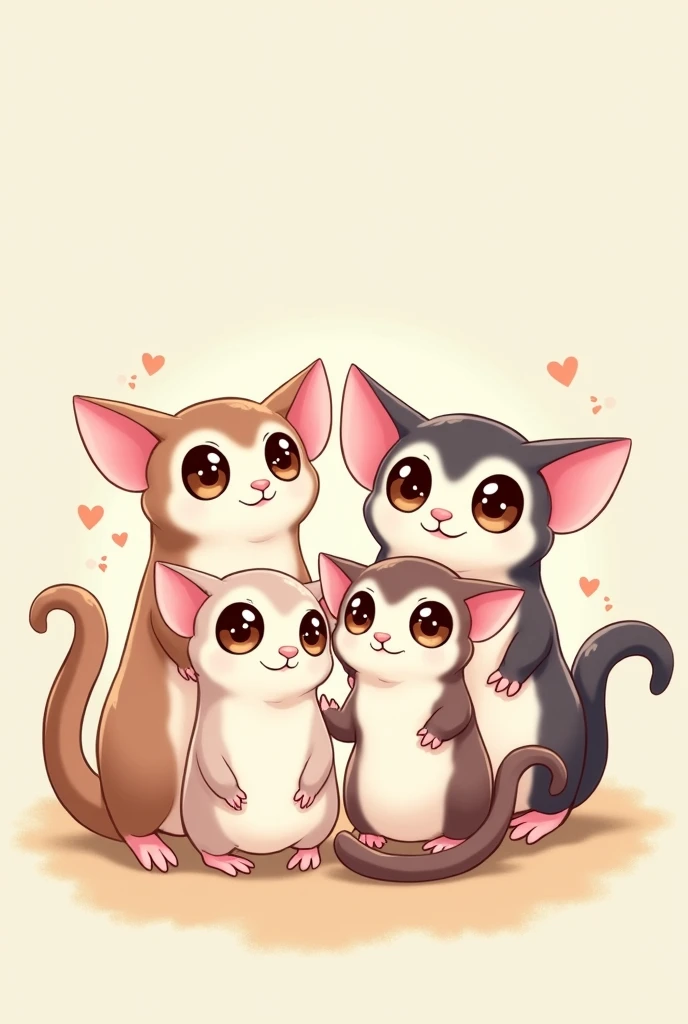 4 white face sugar gliders, anime characters, happy cute family , suitable for  cover size, clean background 