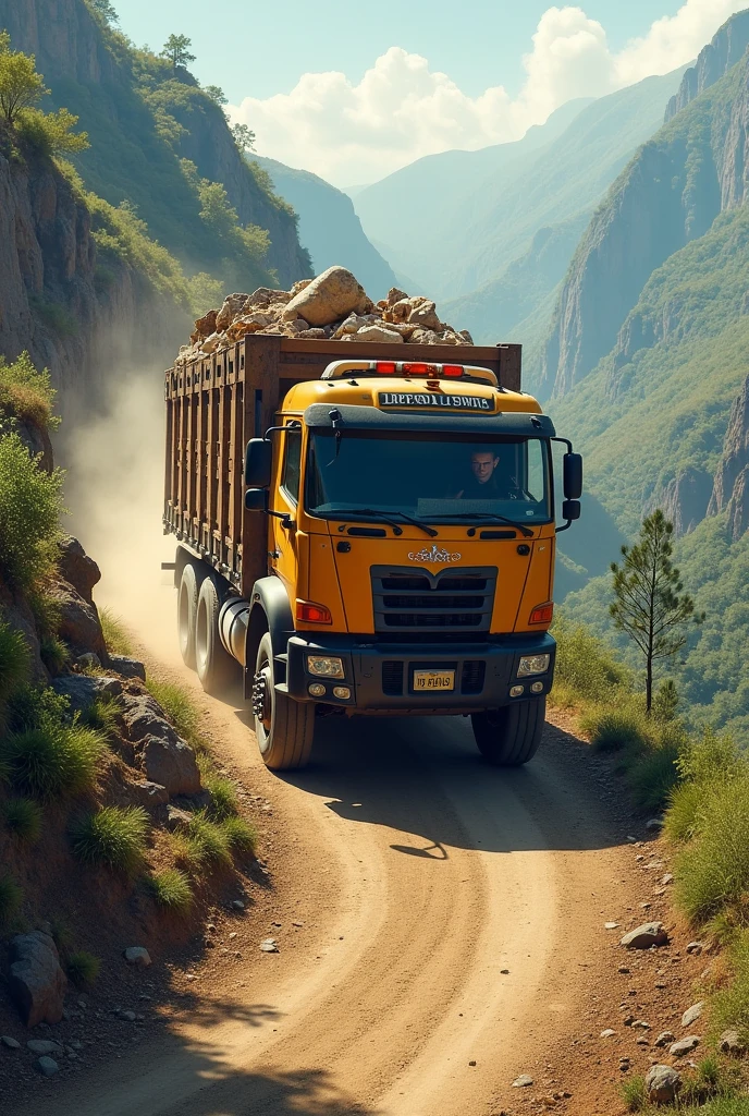 A loaded truck on a hilly road