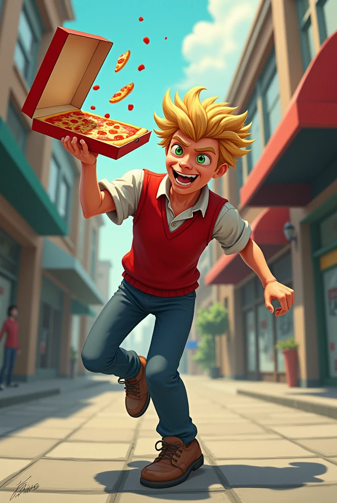 A blond guy with green eyes in a pizza delivery outfit tripping, the pizza box in his hand is in the air, open enough to show a glance of the pizza inside