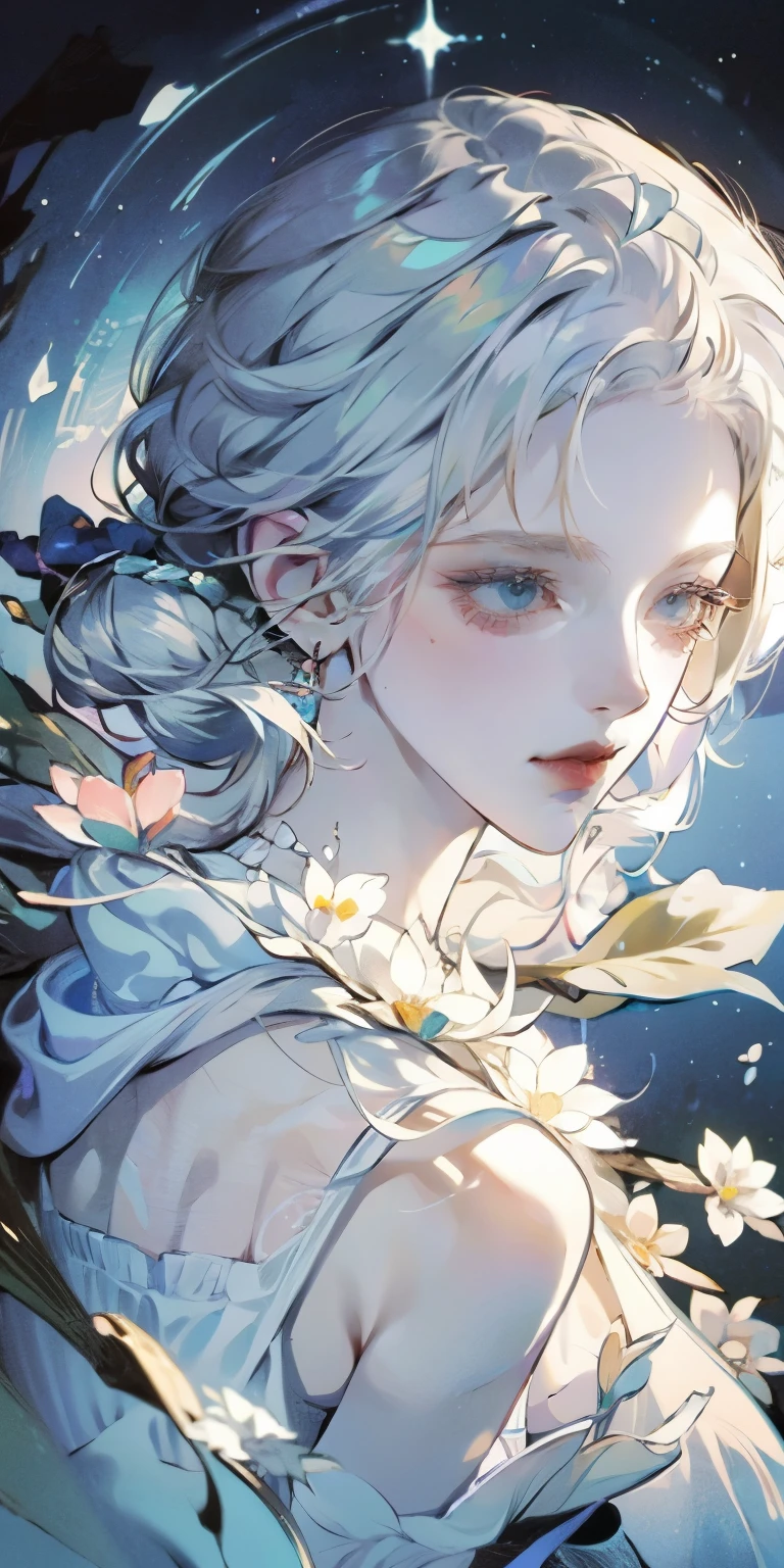 Close-up of a white-haired woman wearing a white wreath, Beautiful character painting, Gu Weiss, artwork in the style of Gu Weiss, White-haired deity, author：Yang J, Epic and beautiful character art, Stunning character art, author