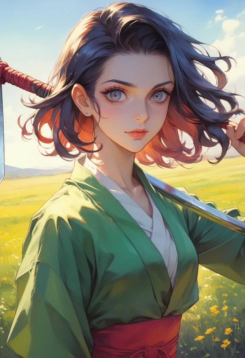 em anime 2.5D Jinx + Boruto sexy Sensual decote ceios pequenos firmes empinanados roupa vermelha rasgada, ((clad in traditional Slavic attire, wielding a scythe as she mows through a vibrant black e borboletas field under the high summer sun)), captured in a cinematic anime scene, shadows cast directly beneath her, e muitas borboletas sun-filled, colorful realism, modularity, photo realistic, ultra high quality details, great attention to the body and face, UHD, 8K , Watercolor, trending on artstation, sharp focus, studio photo