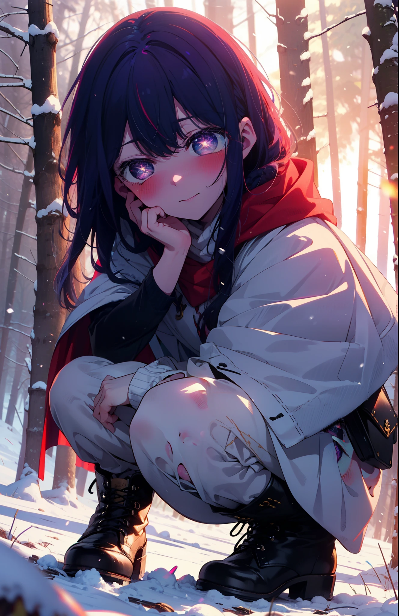 aihoshino, Ai Hoshino, Long Hair, bangs, (Purple eyes:1.1), Purple Hair, (Symbol-shaped pupil:1.5), smile,,smile,blush,white breath,
Open your mouth,snow,Ground bonfire, Outdoor, boots, snowing, From the side, wood, suitcase, Cape, Blurred, , forest, White handbag, nature, Squat, Mouth closed, Cape, winter, Written boundary depth, Black shoes, red Cape break looking at viewer, Upper Body, whole body, break Outdoor, forest, nature, break (masterpiece:1.2), Highest quality, High resolution, unity 8k wallpaper, (shape:0.8), (Beautiful and beautiful eyes:1.6), Highly detailed face, Perfect lighting, Extremely detailed CG, (Perfect hands, Perfect Anatomy),
