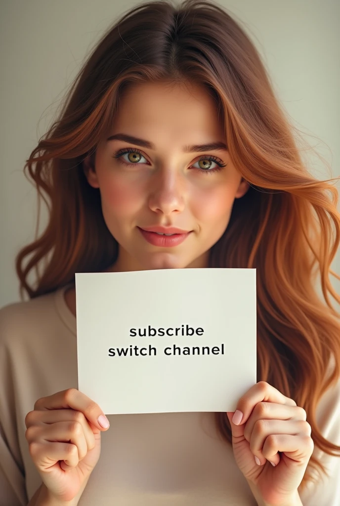 A pretty girl with long hair holding a piece of paper saying "subcribe switch channel"
