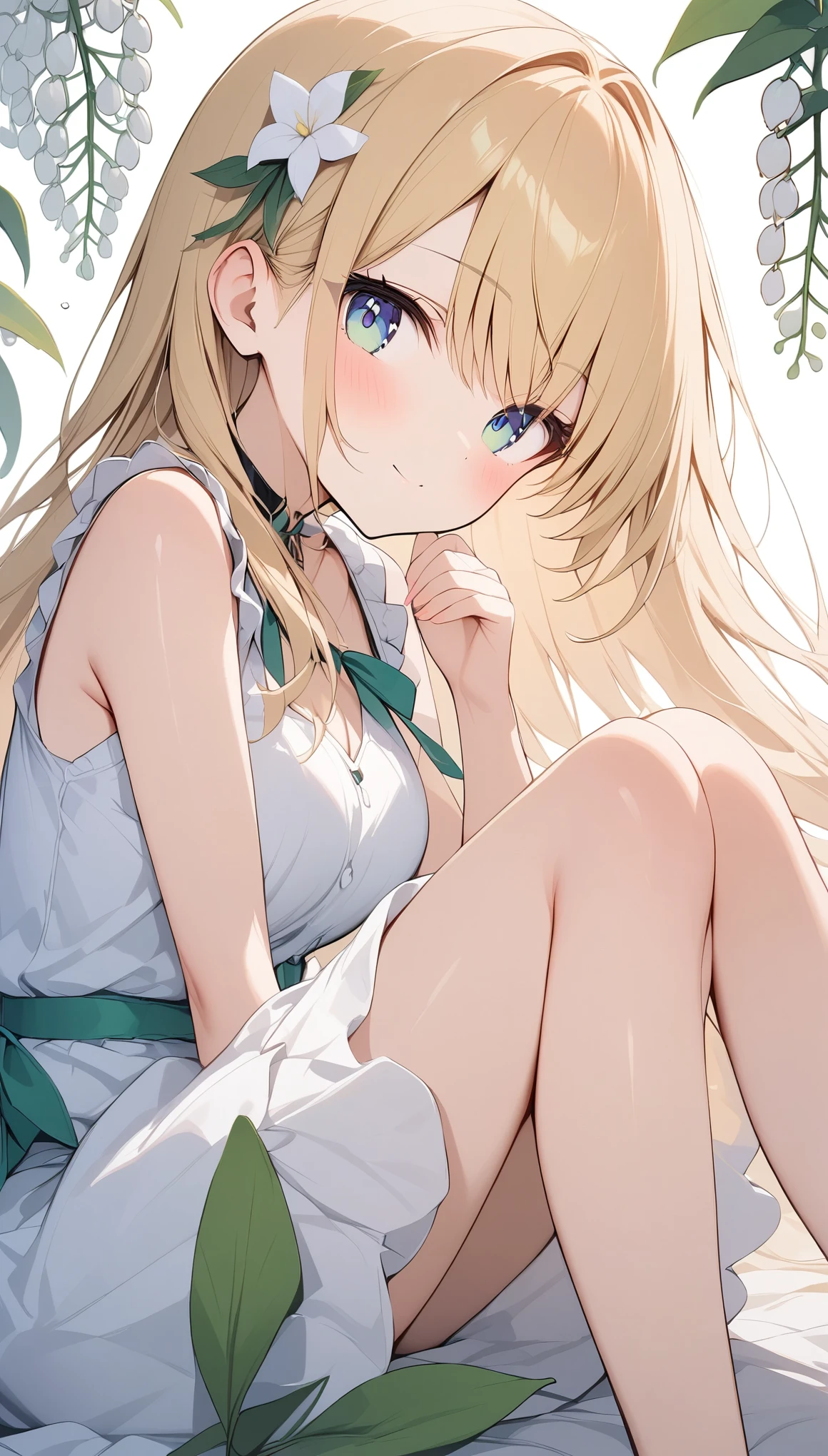 pale colour,((Amazingly absurd)),超High resolution, Attention to detail, high quality, High resolution, 最high quality, 4K, 8k, artwork,3dart,Lily of the valley flowers,White flower,Girl sitting in the middle,Lily of the valley background,White Dress、Blonde、long hair