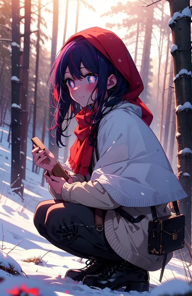 aihoshino, Ai Hoshino, Long Hair, bangs, (Purple eyes:1.1), Purple Hair, (Symbol-shaped pupil:1.5), smile,,smile,blush,white breath,
Open your mouth,snow,Ground bonfire, Outdoor, boots, snowing, From the side, wood, suitcase, Cape, Blurred, , forest, White handbag, nature,  Squat, Mouth closed, Cape, winter, Written boundary depth, Black shoes, red Cape break looking at viewer, Upper Body, whole body, break Outdoor, forest, nature, break (masterpiece:1.2), Highest quality, High resolution, unity 8k wallpaper, (shape:0.8), (Beautiful and beautiful eyes:1.6), Highly detailed face, Perfect lighting, Extremely detailed CG, (Perfect hands, Perfect Anatomy),