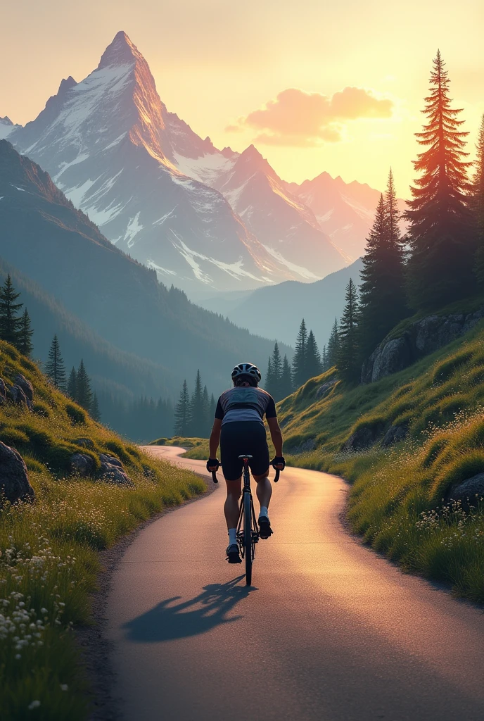 Someone riding a bike at sunset in the mountains