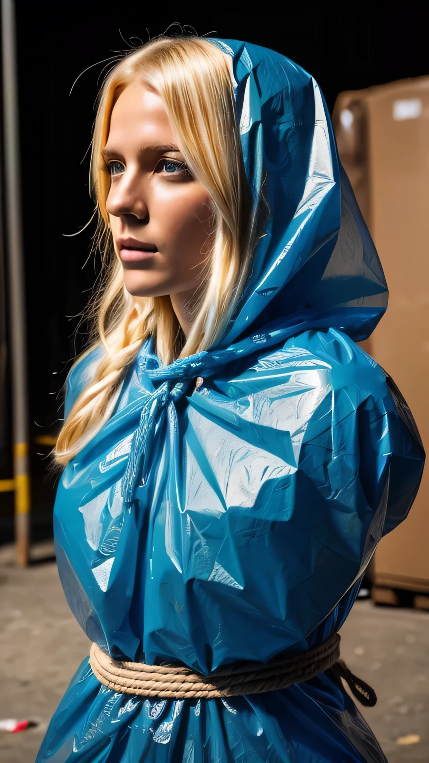 a stunningly beautiful blond woman completely wrapped up from head to toe in blue plastic garbage bags printed with the words "I AM TRASH " is tightly tied up with rope wrapped around her like a helpless human package, she is completely covered with plastic, ?????? against her will, bright day, extremely photorealistic photo, highly detailed photo, portrait
