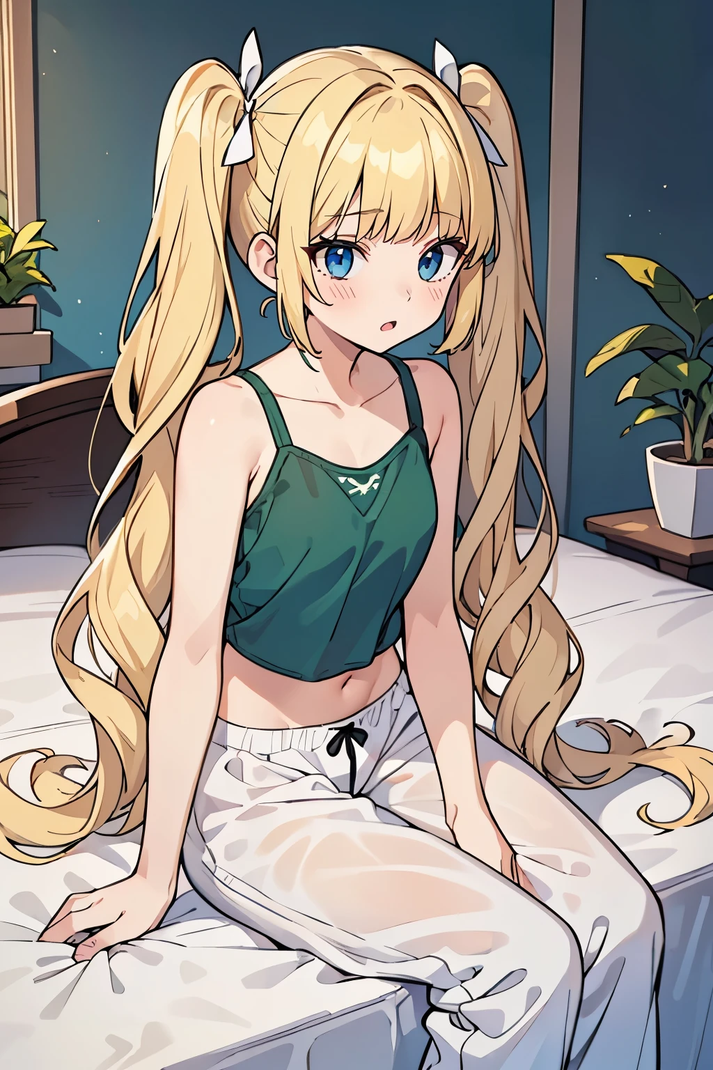 masterpiece, solo girl, (young female body:1.4), (small breasts), cowboy shot, flustered, yellow golden hair, extra gold long hair, thick wavy hair, hime cut, blunt bangs, crystal blue eyes, light blue detailed eyes, bedroom background, dark green and white pyjamas, socks, white pyjama pants, short sleeping shorts, dark forest green tank top, short oversized green top, crop top, short sleeves, wavy curly voluminous twintails, huge low twin tails, voluminous curly hair, butterfly sitting, crossed legs, white ribbon, tilted head