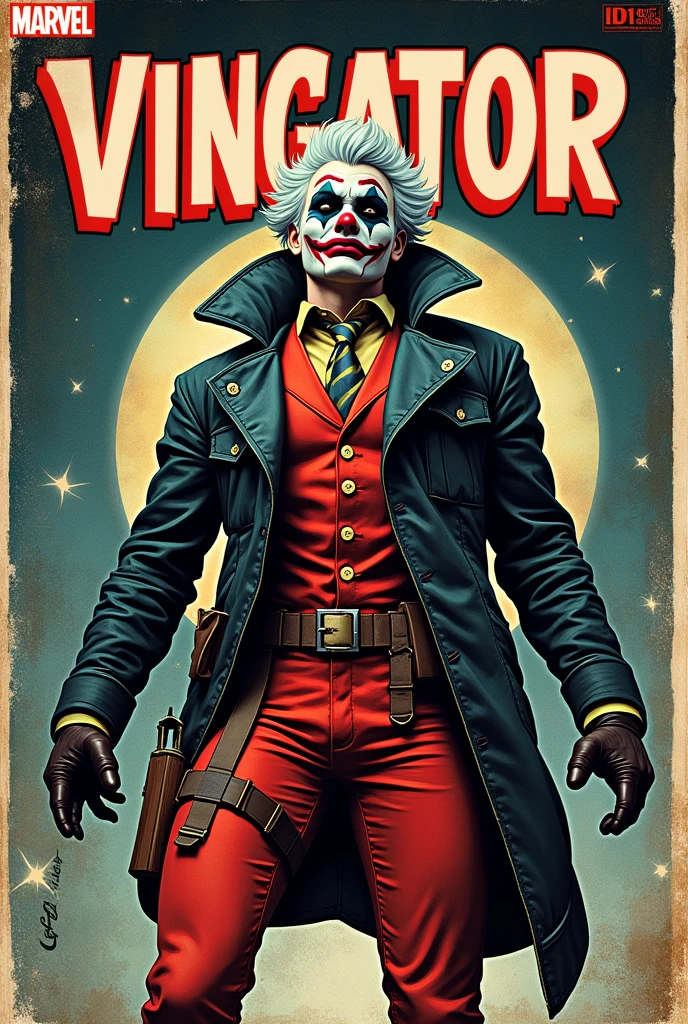 Old style marvel comic book cover ,with a character with clothes deadpool jumpsuit joker jacket face with clown makeup white hair, with title of "vingator"