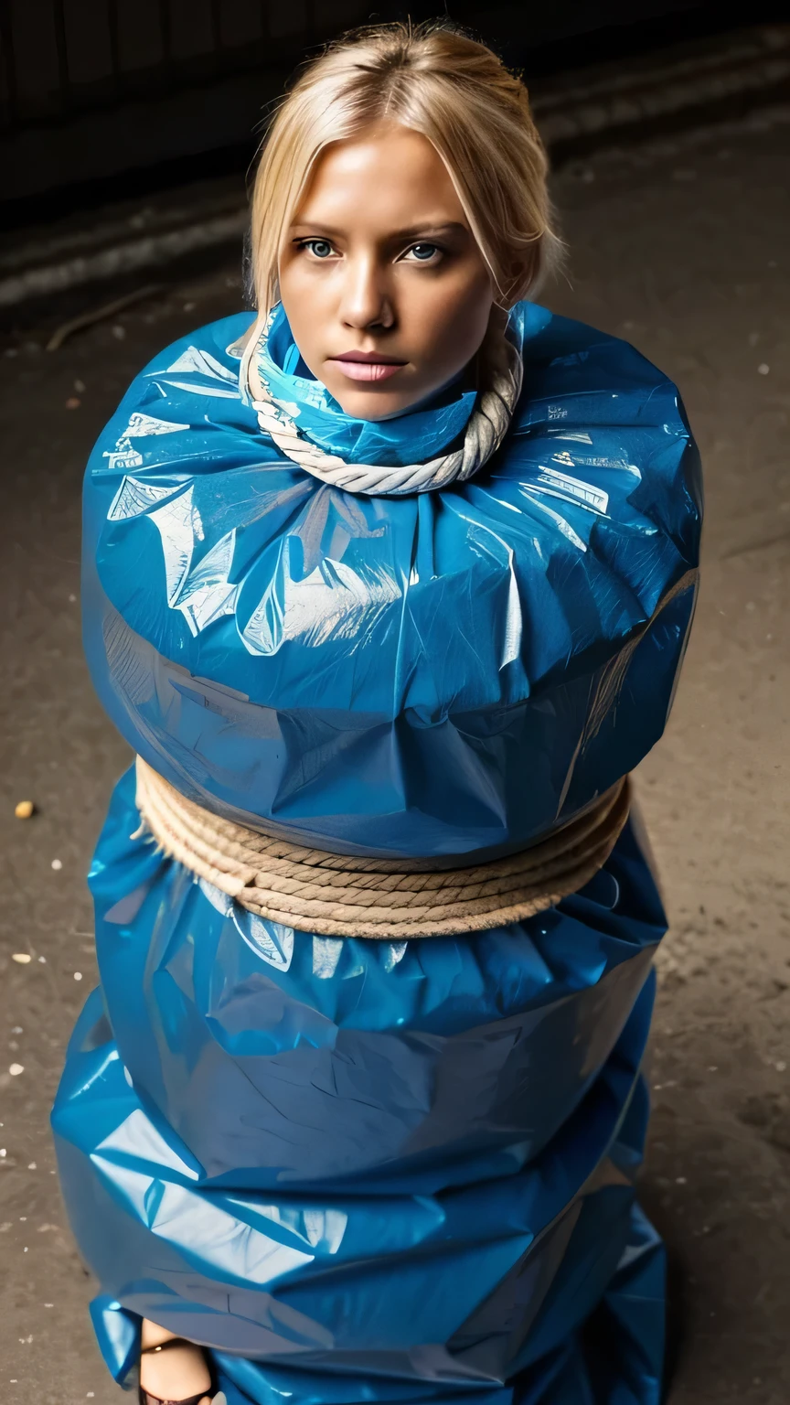 a stunningly beautiful blond woman completely wrapped up from head to toe in blue plastic garbage bags printed with the words "I AM TRASH " is tightly tied up with rope wrapped around her like a helpless human package, she is completely covered with plastic, forced against her will, bright day, extremely photorealistic photo, highly detailed photo, portrait