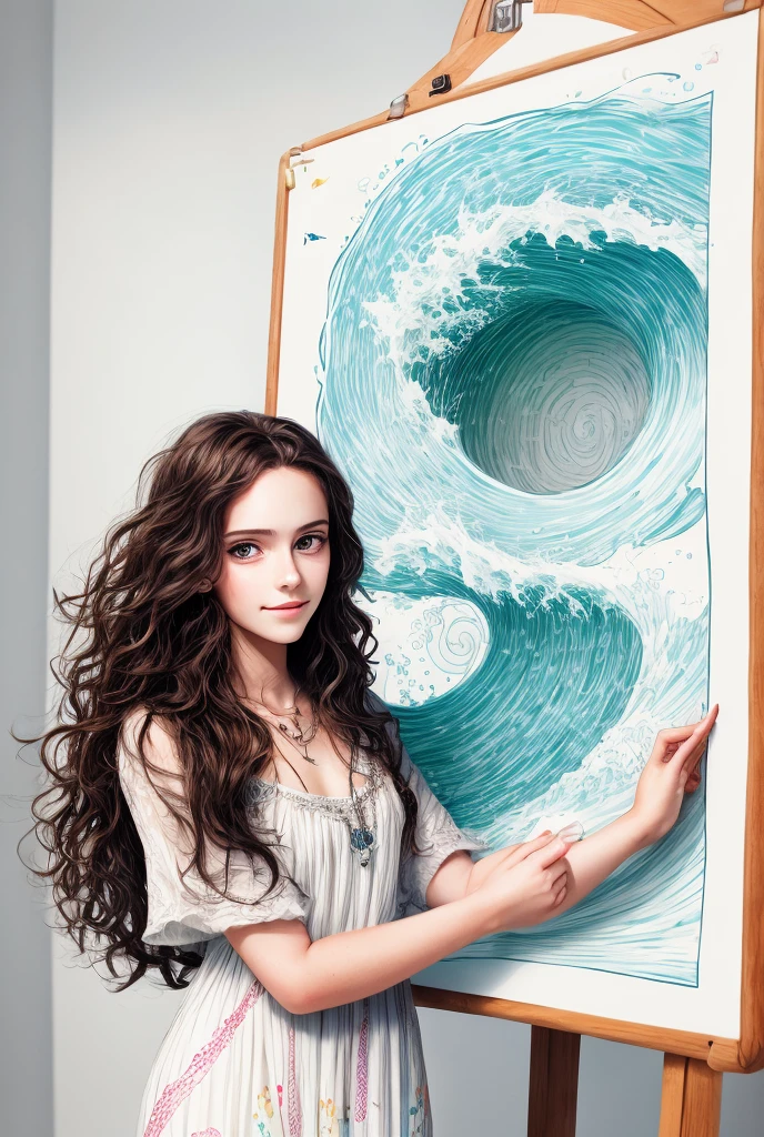 Beautiful girl with wavy long hair, bohemian dress, holding a white board with text "I Love Seaart Infinity" and showing it to the viewer