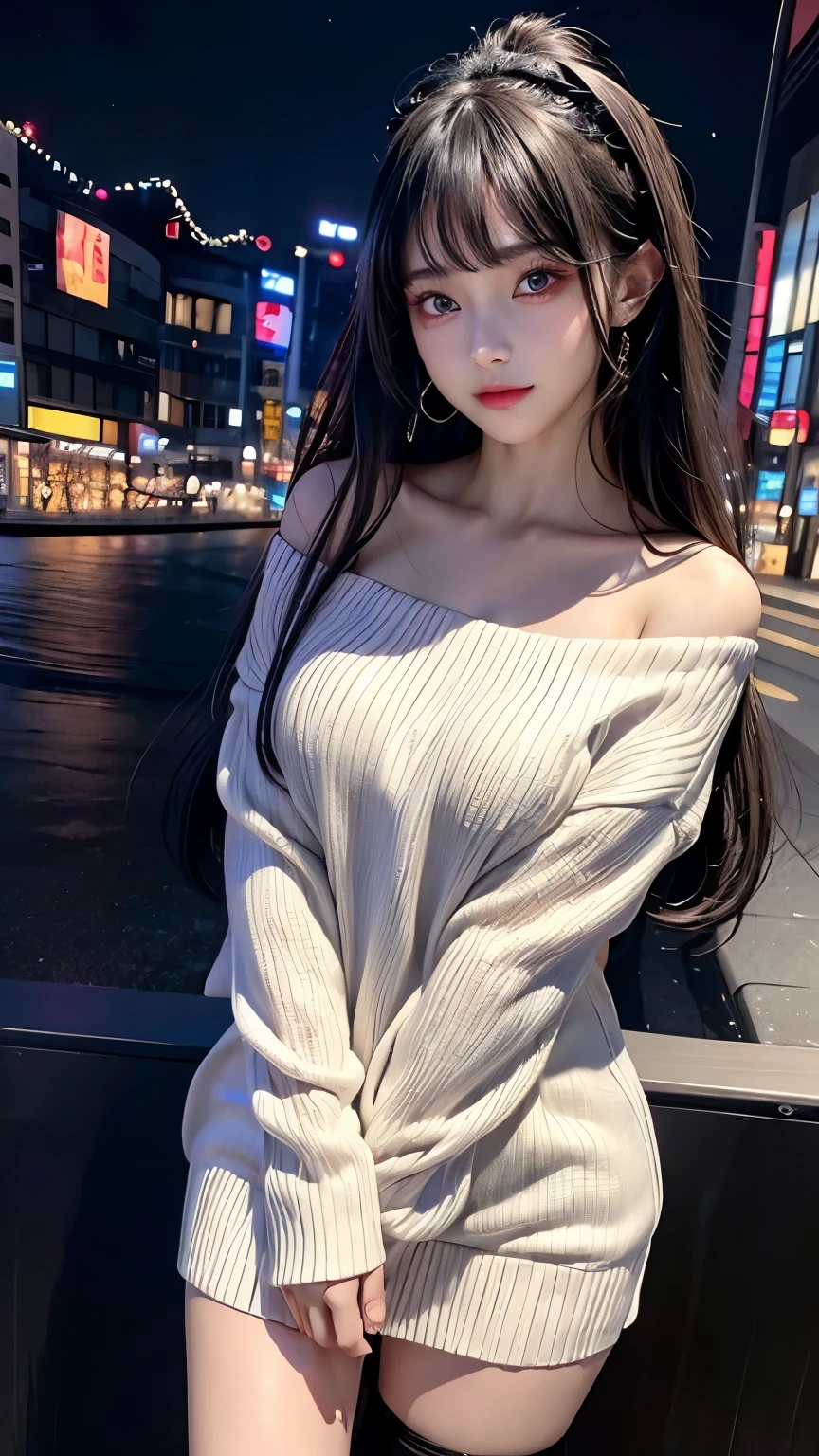 4k ultra high definition、best quality, masterpiece, Ultra-high resolution, (Reality: 1.4), 1 girl, Purple Eyes, Off-the-shoulder sweater dress, Light、purple and black hair、(My girl、My cosmetics)、(Danteidong、Large Breasts、Oversized off-the-shoulder black T-shirt、Dark miniskirt)、((Dark Makeup、Oily skin,Light skin、Realistic skin texture、Delicate and beautiful skin、Light and radiant skin)), Dark city center at night、Kabukicho、Dark Cyberpunk、(panoramic:1.8)