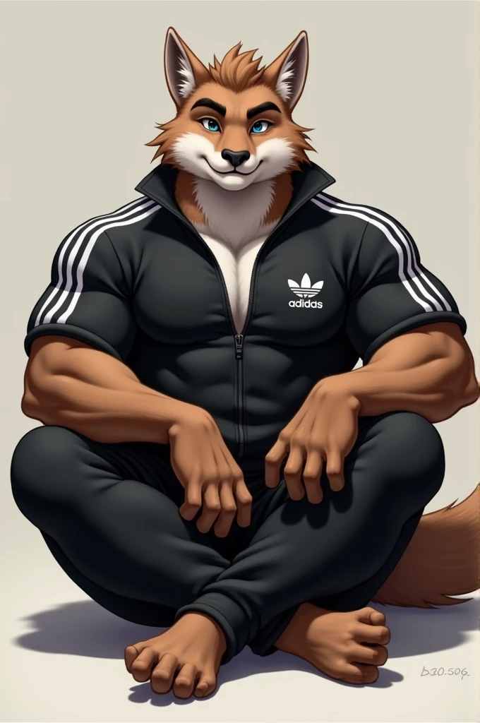 Handsome Furry, Muscular Body, Wearing Black Adidas Tracksuit,Sit