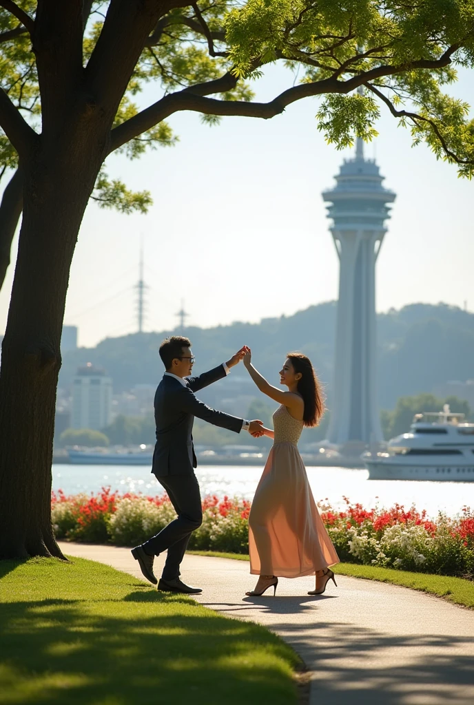 A romantic and passionate scene of a couple in Yamashita Park, Yokohama, Japan. The Asian couple is dressed in a blend of elegant, modern fashion and casual styles, moving together with lively, expressive body language. The background features the iconic elements of Yamashita Park: the serene waterfront with views of Yokohama Bay, the historic Marine Tower rising in the distance, and the vibrant flower beds filled with seasonal blooms. Tall, lush trees line the pathways, with sunlight filtering through the leaves, casting dappled light and shadows. The park's well-maintained lawns and beautifully arranged flower gardens add a touch of natural beauty to the scene, while the nearby harbor with its gentle waves and anchored ships provides a cinematic backdrop. The couple is engaged in a playful and loving interaction, perhaps walking hand in hand, dancing, or sharing an embrace, with their movements captured mid-motion, giving the image a sense of life and energy. The overall atmosphere is one of romance and enchantment, blending the beauty of nature with the warmth of their connection.