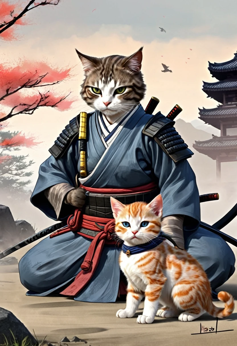 (drawing:1.3),Samurai cat, battlefield, (Animation Art), 2D, Colored, Mother cat and kitten separate