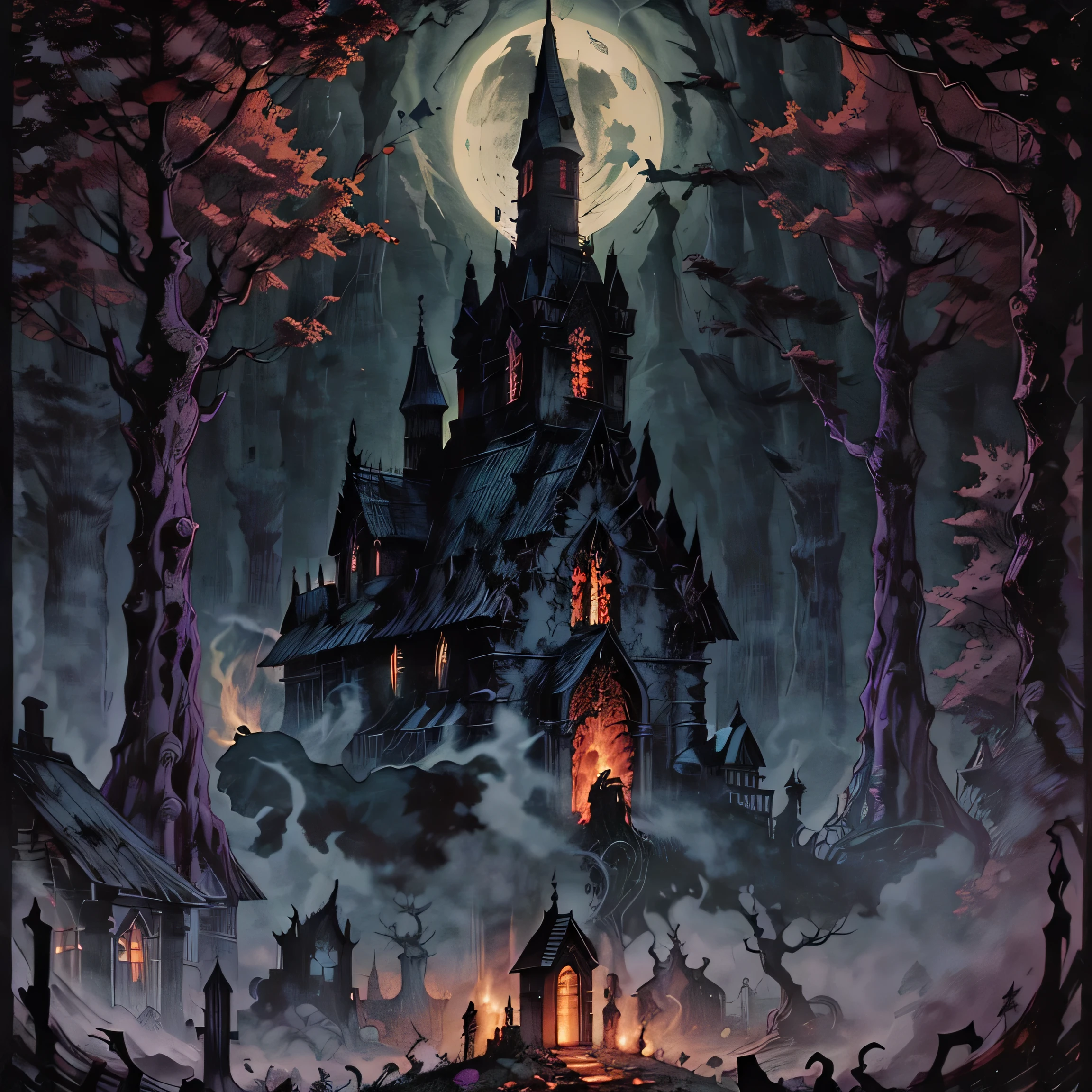 darkspherastyle, (church in flames), fire accident, fire, dark coven, forest, horror theme, moon on sky, black metal album, darkness, creepy forest