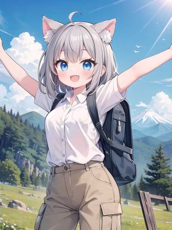 Fuji Mountain, Mountain climbing, {Collared shirt, Khaki Cargo Pants, Backpack}, (One girl), cute, (happiness:1.3), Open your mouth, (Arms at your sides:1.3), (Cat ear), ((Gray Hair)), Medium Hair, Blue Eyes, sunny, noon, Outdoor, Cowboy Shot, ((Highest quality)), ((masterpiece)), (detailed), Perfect Face, Perfect Arms, Perfect hands, Perfect Fingers, anime, Ultra-fine illustration,