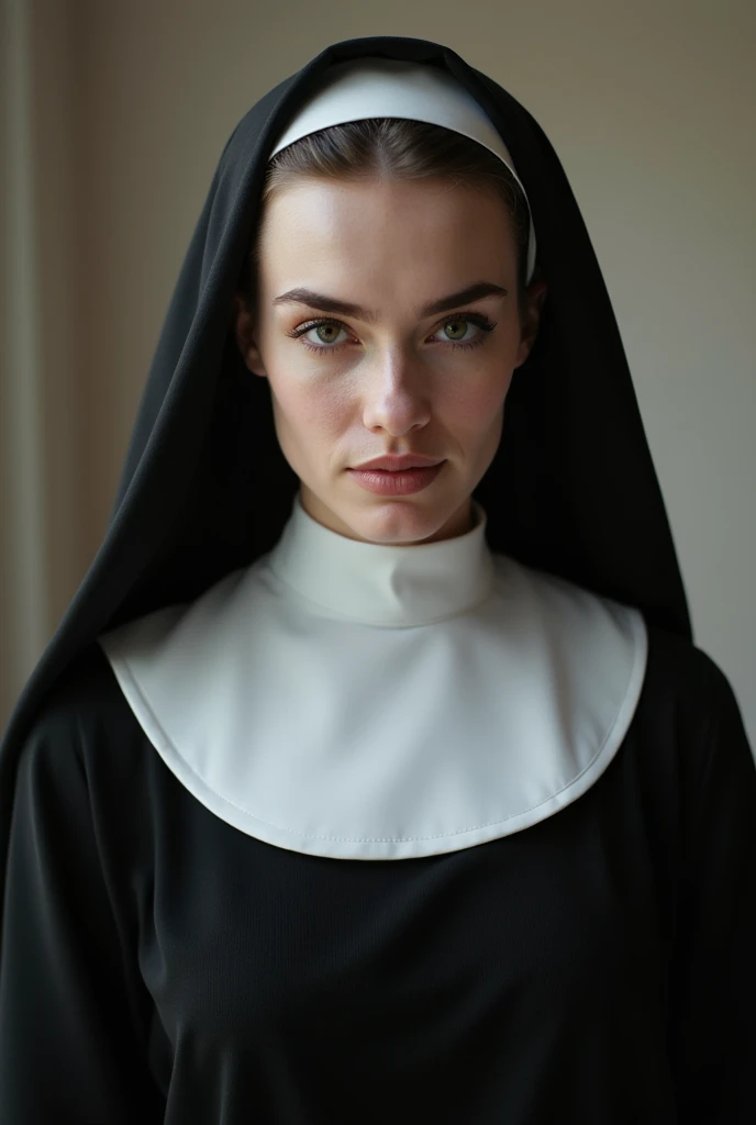 An androgynous man with masculine features wearing a sexy nun outfit