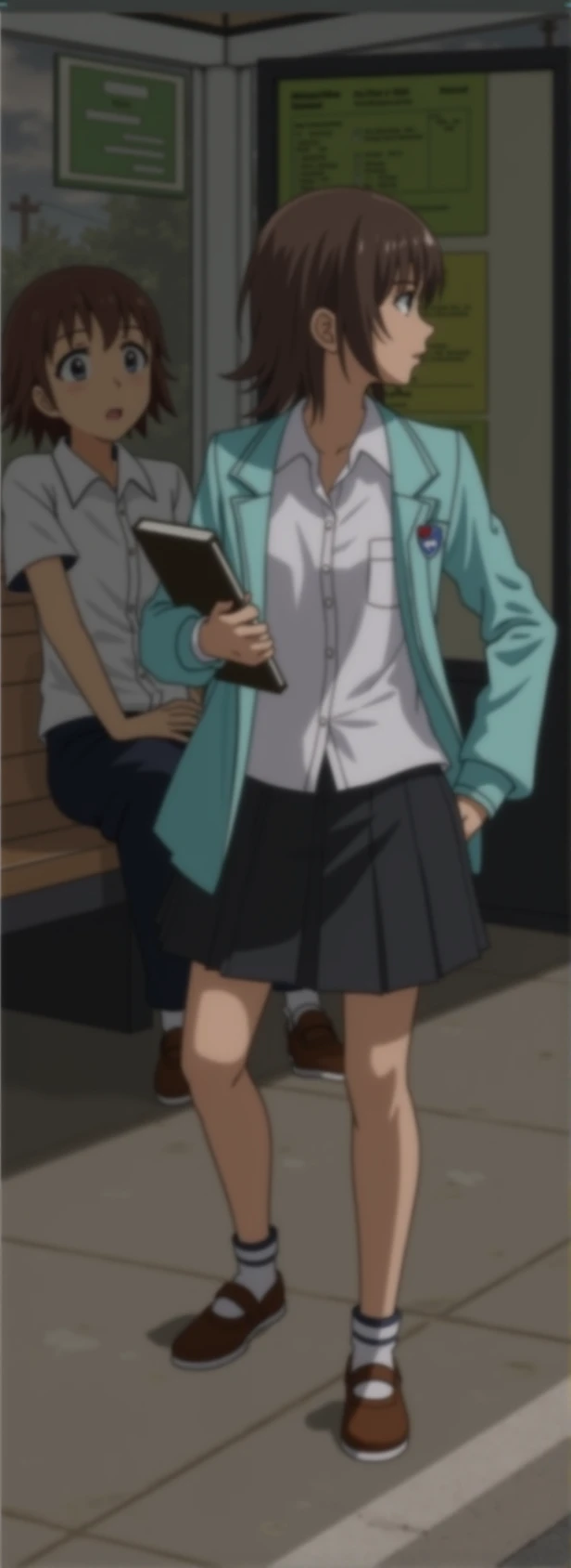 realistic anime illustration of teenage girl is carrying notebook and waiting bus on bus stop, she wearing uniform she wearing turquiose long sleeve jacket, white short sleeves collared shirt, unbuttoned top shirt, black pencil mini skirt with brown, (1girl, solo,full body), (masterpiece, best quality, japanese anime style)