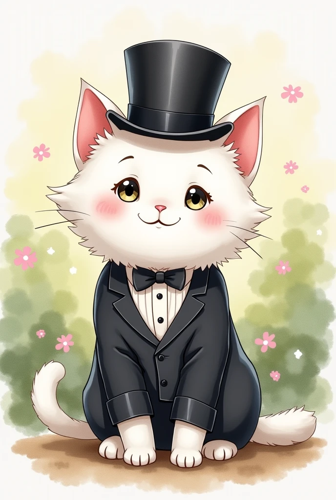 White cat silk hat A bow tie anime Watercolor sit Black Suit smile