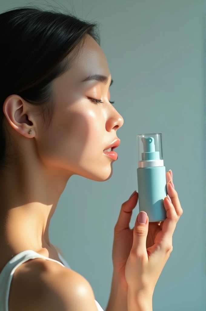 A photo of a model holding an ultrafine, light blue skincare bottle and has skin texture that shows she's been using it for some time. The background color should be neutral to highlight her face. She face right so we can only see her side profile. Her facial expression reflects calmness as if trying out the product for the first time. --ar

