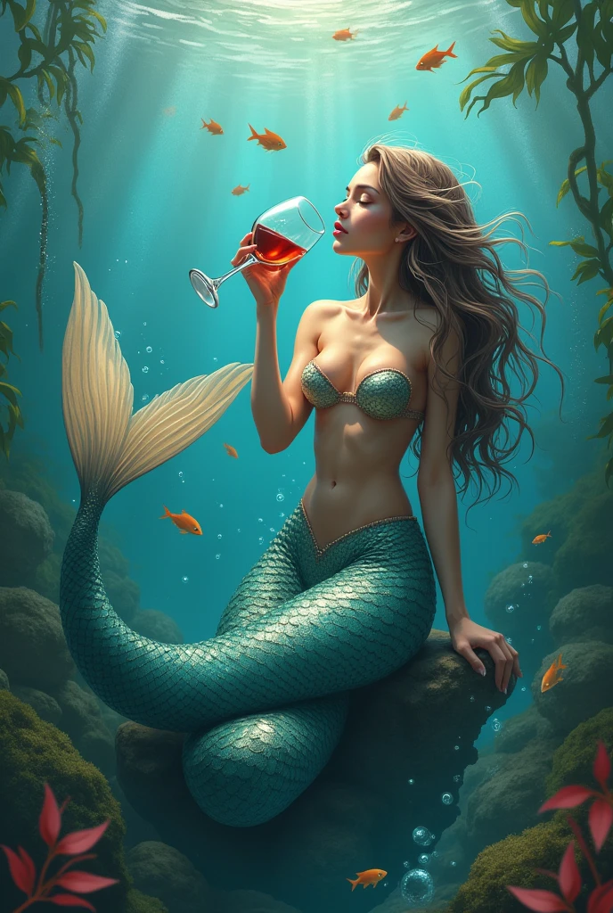 Draw a mermaid with a glass of wine