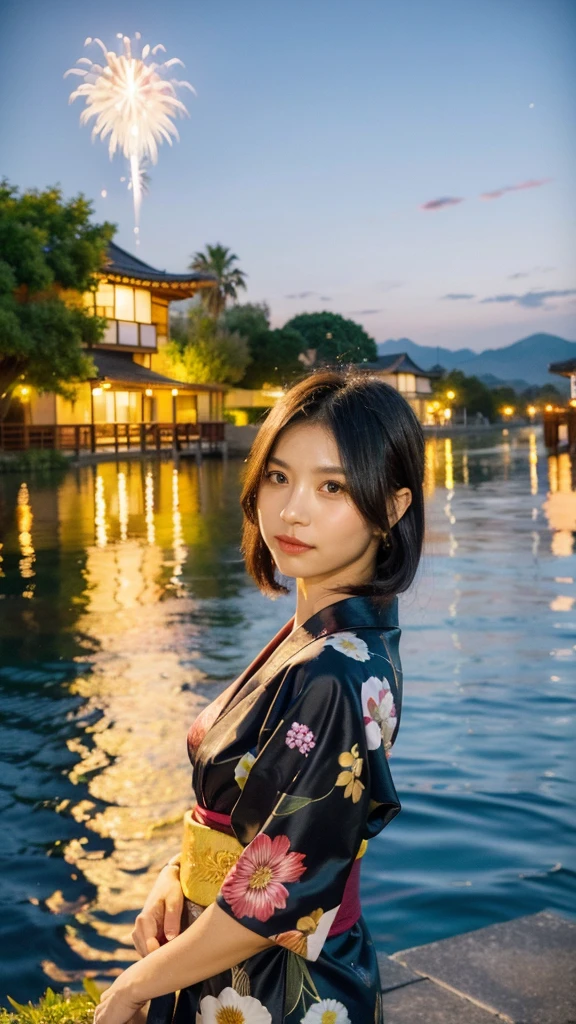 A beautiful Japanese woman, with long, straight black hair, standing by a riverside at night, watching fireworks. She is dressed in a traditional, elegant yukata with a floral pattern and an obi sash. The background shows colorful fireworks lighting up the night sky, reflections on the water, and people in the background enjoying the festival. High-resolution, realistic depiction, with a touch of elegance and allure, realistic, hyper realistic, cinematic lighting