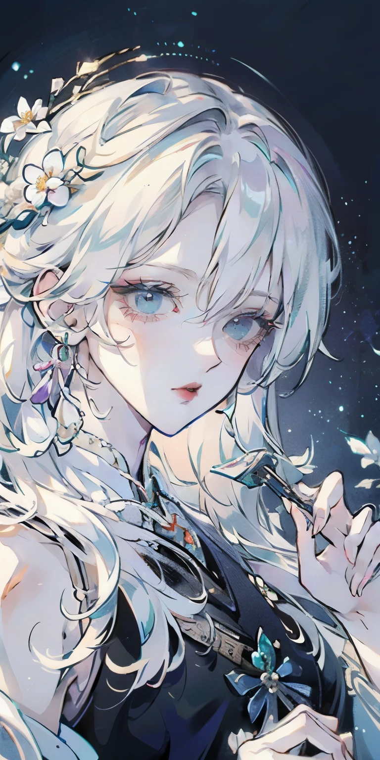 Close-up of a white-haired woman wearing a white wreath, Beautiful character painting, Gu Weiss, artwork in the style of Gu Weiss, White-haired deity, author：Yang J, Epic and beautiful character art, Stunning character art, author：Fan Qi, by Wuzhun Shifan, Gu Weiss on pixiv artstation