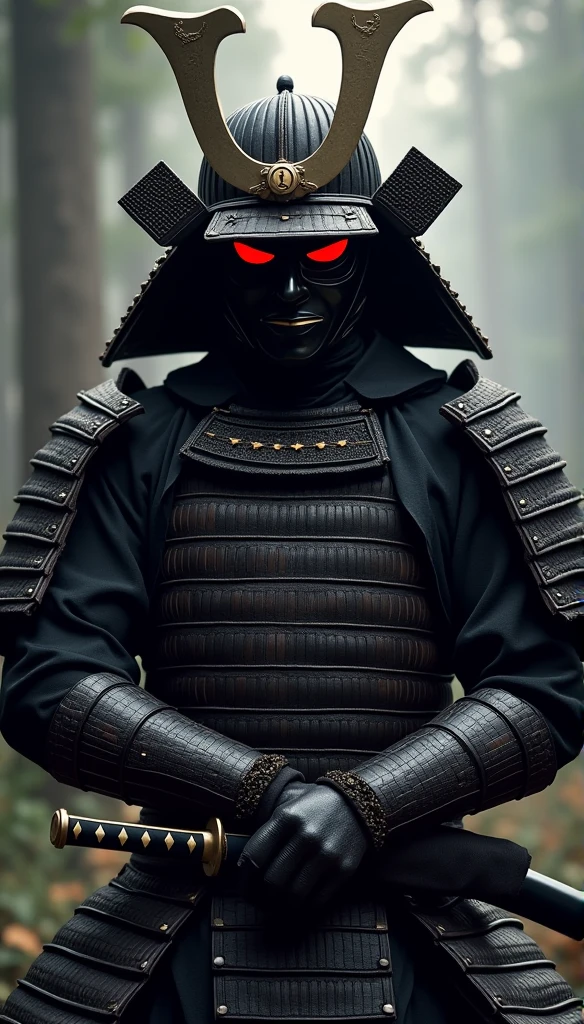 (best quality,4K,8ก,High resolution,Masterpiece:1.2),Very detailed,realistic:1.37,Samurai of Japan&#39;s Sengoku period,Wearing full samurai armor,Black samurai mask,Holding a sharp katana,Feelings of intense oppression,glowing red eyes