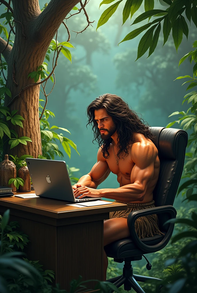 Create an image where Tarzan appears working as an administrative secretary wearing a loincloth in a jungle office with a tree desk and a state-of-the-art laptop.