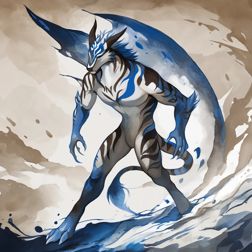 Zazak with blue white and brown color palette with background in ink and wash art style