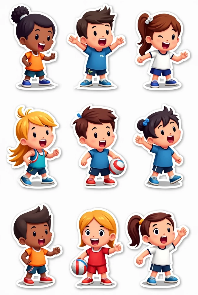 Create 8 types of cartoon stickers, all themed around the 2024 Olympics. All 8 characters must not be the same sport.