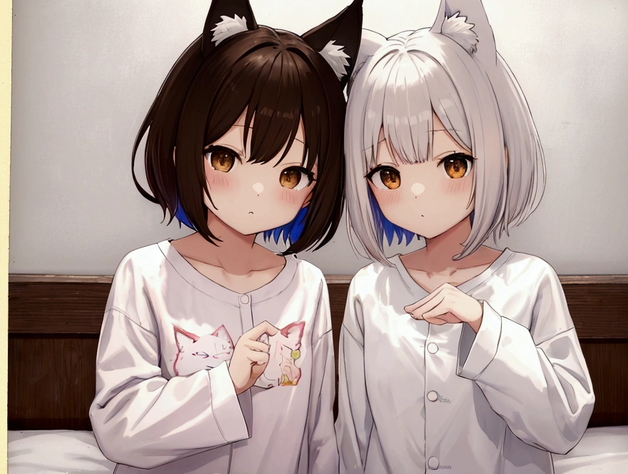 (Printed Polaroid Photo\(2females および2人の女の子 cute,cute Five fingers Five fingers Small wolf ears Small wolf ears White Shorthair Brown short hair Petite Petite Normal chest Normal chest first round first round White clothes pajamas Brown pajamas The background is a bed