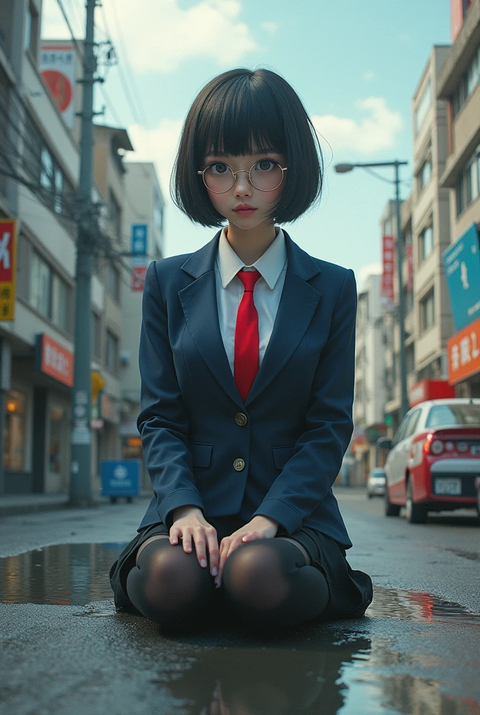 Giant Art, Surreal school girl, (((Highly detailed giant shot))), (((The giant is sitting))), short hair, Black Pantyhose, A giant schoolgirl'Much larger than a skyscraper, Wear rimless glasses, Huge boobs, Navy Blue Blazer, Red tie, Mini skirt, Black Pantyhose, I don't wear shoes., very small metropolis, Miniature metropolis, 足元までの高さしかないMiniature metropolisで、squatting and urinating, The city is a sea of urine, Urine Tsunami, Small trains and cars are flushed with urine., Full body description, GTS, Giga Giantess, Black Pantyhose, Pantyhose Legs, Pantyhose Legs, ,Stomping City,Crush City,Small Town,Micro City, Pee,