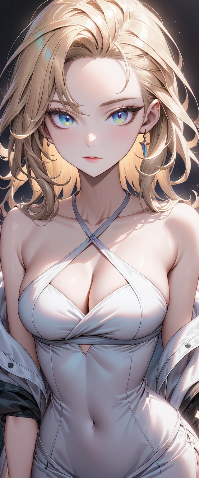 masterpiece Very detailed aldult Ultra-high resolution Higher resolution Highest quality Super detailed Vivid Color detailed woman High quality 8k Goddess Athena Gal with light makeup ((Wearing black equipment)) White and black costumes Pure white cloth ((mini skirt)) Thighs ((Break:1.2)) God Cosplay Big eyes ((Rainbow Eyes)) Blonde ((Short Hair)) ponytail Hair tied up high The front hair is pushed up on one side forehead ((slicked back hair)) Forehead ((An oversized dress made of fabric that crosses over the neck)) ((criss-cross halter)) Cloth halter There are folds in the clothes Shoulder ((Cleavage)) Upper Body