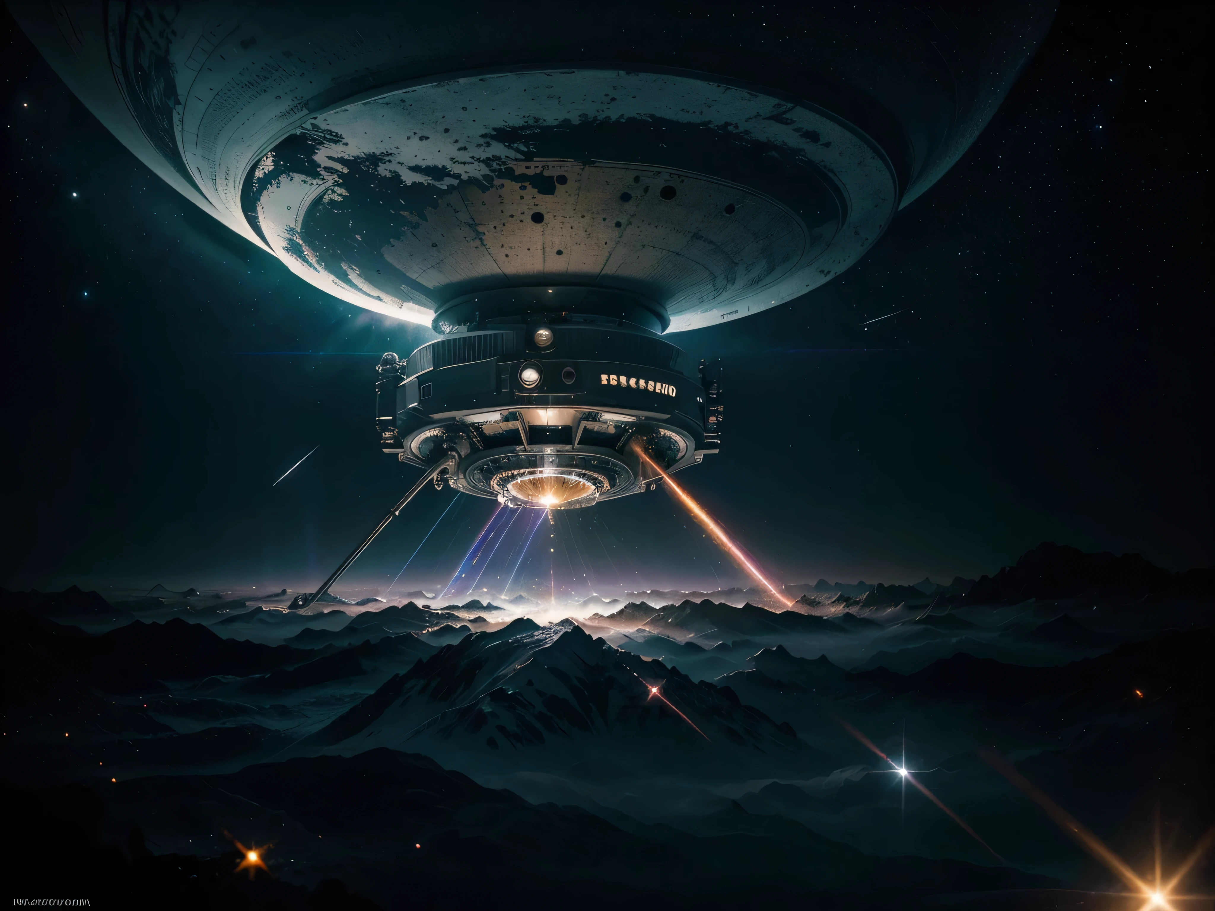 A swirling, ethereal deep space probe floats through a chiaroscuro background, its metallic surface catching and reflecting shards of light. This mesmerizing image, a vivid acrylic painting, captures the essence of exploration and mystery in outer space. The probe gleams with an otherworldly iridescence, its intricate technological details juxtaposed against the vast darkness of the cosmos. Every brushstroke is imbued with a sense of wonder and precision, drawing the viewer into the infinite depths of the universe.