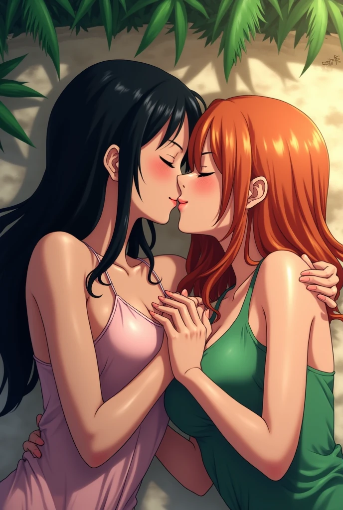Nico robin and nami kissing while lying down
