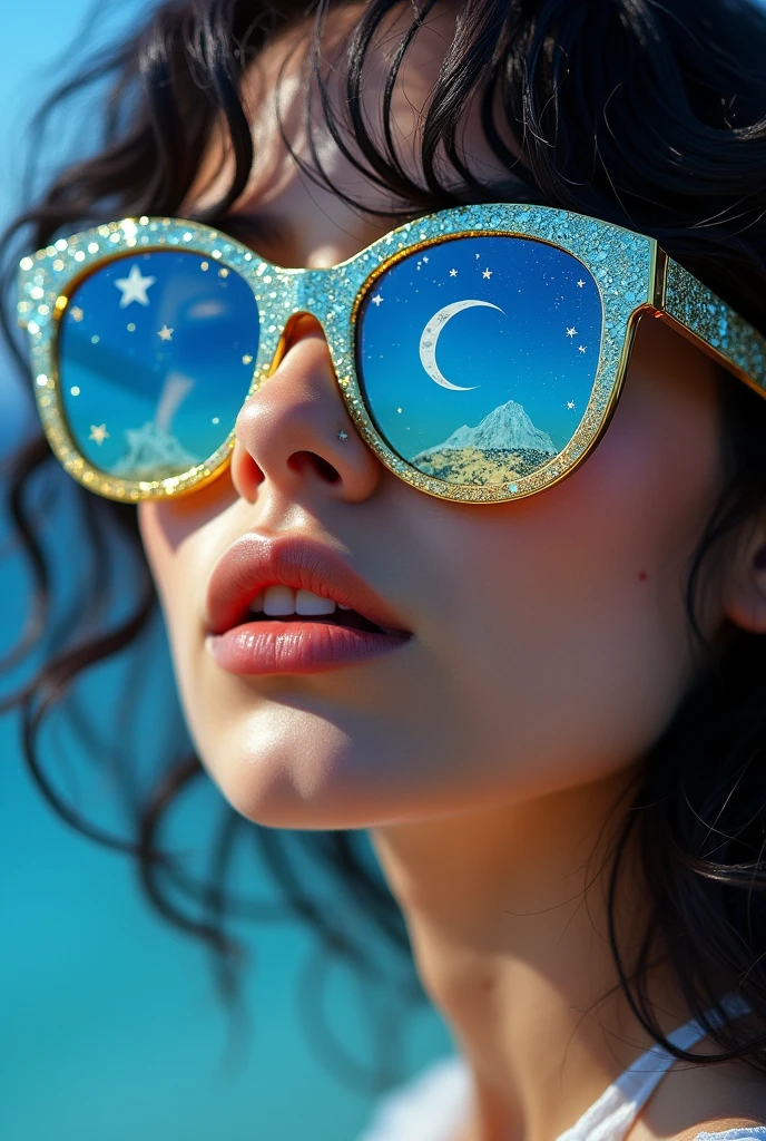 model wearing vitreous sunglasses with star and moon in the glass, in the style of dark sky-blue and light yellow, minimalist pen lines, fairy kei, use of precious materials, vibrant and lively hues, captivating, glitter