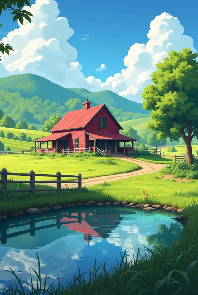 With the American farm as the background, digital painting creator Dai Jin's illustrations depict an anime-style rural landscape with pure colors and rich details, which is very beautiful and full of artistic sense. The details of the house and pond in the picture are rich and realistic, showing the effect of real oil painting, which is amazing. (farm, American scene, anime rural landscape, digital painting, rich details, oil painting effect, artistic sense)